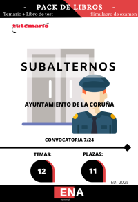 Pack de estudio formado por el TEMARIO completo y un libro de TEST, con preguntas con cuatro posibles respuestas sobre los 12 temas solicitados para el estudio de la fase de oposición de las 11 plazas de Subalternos convocadas por el Ayuntamiento de A Coruña, publicadas en el Boletín oficial de La Coruña el 29 de Agosto de 2024. Convocatoria 7/24.