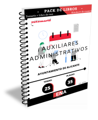 Pack de estudio completo, compuesto de TEMARIO y TEST, sobre los 25 temas solicitados para el estudio de la fase de oposición de las 35 plazas de Auxiliar Administrativo, encuadradas en la Escala de Administración General, Subescala Auxiliar, y en el Grupo C, Subgrupo C2 de los establecidos en el artículo 76 del Real Decreto Legislativo 5/2015, de 30 de octubre, por el que se aprueba el texto refundido del Estatuto Básico del Empleado Público, pertenecientes a la Oferta de Empleo Público del año 2022 y 2023 del Excmo. Ayuntamiento de Alicante.