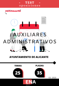 libro-TEST, con preguntas de cuatro opciones de respuesta, sobre los 25 temas solicitados para el estudio de la fase de oposición de las 35 plazas de Auxiliar Administrativo, encuadradas en la Escala de Administración General, Subescala Auxiliar, y en el Grupo C, Subgrupo C2 de los establecidos en el artículo 76 del Real Decreto Legislativo 5/2015, de 30 de octubre, por el que se aprueba el texto refundido del Estatuto Básico del Empleado Público, pertenecientes a la Oferta de Empleo Público del año 2022 y 2023 del Excmo. Ayuntamiento de Alicante.