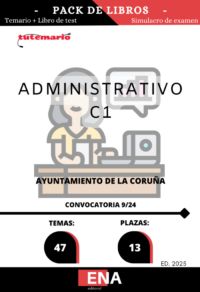 Pack de estudio completo formado por, el temario completo y un libro de test, con preguntas tipo test con cuatro respuestas alternativas, son libros sobre los 10 temas en la parte común y 37 temas en la parte especifica solicitados en las oposiciones convocadas por el concejal competente en Economía y Planificación Estratégica, por delegación de la Junta de Gobierno Local, de fecha 30 de agosto de 2024, resolvió autorizar la convocatoria al proceso de selección para cubrir 13 plazas de administrativo (subgrupo C1) de la escala de Administración General, subescala administrativa, C.E. 24/9, del Ayuntamiento de la Coruña.