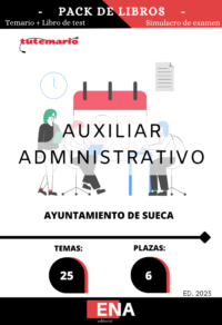 Pack de estudio completo compuesto de libro TEMARIO y libro TEST sobre los 25 temas solicitados en las oposiciones según la oferta de ocupación OPE 2024 aprobadas por la Junta de Gobierno Local del dia 18 de junio de 2024 todas ellas enmarcadas en el Grup C, Subgrupo C2 en la categoría de Auxiliar Administrativo.