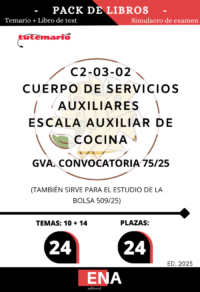 Pack de libro-temario y libro-test, con preguntas (DE CUATRO OPCIONES DE RESPUESTA), los 24 temas solicitados para el estudio de la fase de oposición convocada por ORDEN 10/2025, de 28 de mayo, de la Conselleria de Justicia y Administración Pública, por la que se convocan pruebas  selectivas de acceso a los cuerpos y escalas del subgrupo C2, cuerpos especiales, turno libre general, personas con discapacidad y enfermedad mental, por el sistema de oposición, para cubrir las plazas previstas en el anexo I del Decreto 47/2025, de 25 de marzo, del Consell, correspondientes a la oferta de empleo público de 2025 para personal de la Administración de la Generalitat.