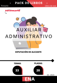 Pack de LIBRO TEMARIO y LIBRO DE TEST, con preguntas (DE CUATRO OPCIONES DE RESPUESTA), sobre los 20 temas solicitados para el estudio de la fase de oposición  de la convocatoria publicada en el BOPA por acuerdo de la Junta de Gobierno adoptado en sesión ordinaria celebrada el día 18 de junio de 2025, y en uso de las facultades delegadas a esta Junta de Gobierno por Resolución del Ilmo. Sr. Presidente número 3.402, de fecha 4 de agosto de 2023 (BOP de Alicante núm. 155, de fecha 11 de agosto de 2023), donde se aprueba la convocatoria del proceso selectivo para cubrir 33 plazas de Auxiliar de Administración General, treinta y dos reservadas al turno libre mediante el procedimiento de oposición, y una al turno de promoción interna mediante el procedimiento de concurso-oposición, y creación de bolsa de trabajo. Estas plazas están incluidas en la Escala de Administración General, Subescala Auxiliar, dotadas con los emolumentos correspondientes al Subgrupo de clasificación “C2”, del artículo 76 del Real Decreto Legislativo 5/2015, de 30 de octubre, por el que se aprueba el Texto Refundido de la Ley del Estatuto Básico del Empleado Público (TREBEP), y demás que correspondan de conformidad con la normativa vigente.