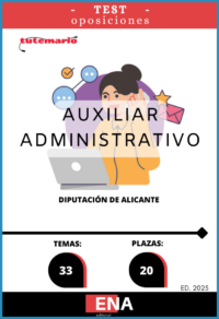 LIBRO DE TEST, donde desarrollamos preguntas tipo test de 4 respuestas alternativas, basadas en los  20 temas solicitados para el estudio de la fase de oposición  de la convocatoria publicada en el BOPA por acuerdo de la Junta de Gobierno adoptado en sesión ordinaria celebrada el día 18 de junio de 2025, y en uso de las facultades delegadas a esta Junta de Gobierno por Resolución del Ilmo. Sr. Presidente número 3.402, de fecha 4 de agosto de 2023 (BOP de Alicante núm. 155, de fecha 11 de agosto de 2023), donde se aprueba la convocatoria del proceso selectivo para cubrir 33 plazas de Auxiliar de Administración General, treinta y dos reservadas al turno libre mediante el procedimiento de oposición, y una al turno de promoción interna mediante el procedimiento de concurso-oposición, y creación de bolsa de trabajo. Estas plazas están incluidas en la Escala de Administración General, Subescala Auxiliar, dotadas con los emolumentos correspondientes al Subgrupo de clasificación “C2”, del artículo 76 del Real Decreto Legislativo 5/2015, de 30 de octubre, por el que se aprueba el Texto Refundido de la Ley del Estatuto Básico del Empleado Público (TREBEP), y demás que correspondan de conformidad con la normativa vigente.