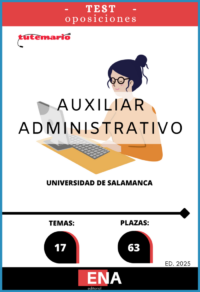 LIBRO DE TEST, donde desarrollamos preguntas tipo test de 4 respuestas alternativas, basadas en los 17 temas solicitados para el estudio de la fase de oposición de las 63 plazas de Auxiliares Administrativos, convocadas por la Universidad de Salamanca, y publicado en el BOE el 08/07/2025: