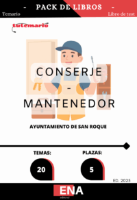 Pack de LIBRO TEMARIO y LIBRO DE TEST, con preguntas (DE CUATRO OPCIONES DE RESPUESTA), sobre los 20 temas solicitados para el estudio de la fase de oposición de cinco plazas de Conserje-Mantenedor por el sistema oposición por turno libre, 2024-2111, de fecha 23/04/2024 y en la Oferta Empleo Público de 2025, aprobada por Decreto de Alcaldía n.º 2025-0365, de fecha 28/01/2025, publicadas en el BOP. De Cádiz nº 86 de fecha 07/05/2024 y BOP de Cádiz n.º 30, de fecha 13/02/2025 respectivamente.