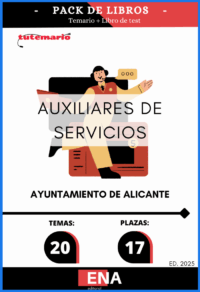 Pack de LIBRO TEMARIO y LIBRO DE TEST, con preguntas (DE CUATRO OPCIONES DE RESPUESTA), sobre los 20 temas solicitados para el estudio de la fase de oposición, de las 17 plazas de Auxiliar de Servicios Generales, encuadrada en la Escala de Administración General, Subescala Servicios Especiales, Grupo profesional C Subgrupo C2, publicadas por resolución del Ayuntamiento de Alicante