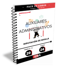Pack de LIBRO TEMARIO y LIBRO DE TEST, con preguntas (DE CUATRO OPCIONES DE RESPUESTA), sobre los 20 temas (8+12) solicitados para el estudio de la fase de oposición de las 24 plazas de auxiliar administrativo/administrativa vacantes en la plantilla de personal funcionario, correspondientes a las O.E.P. de 2023 y 2024 de la Diputación de Sevilla, publicada en el B.O.P. n.º 155, de 13 de agosto.