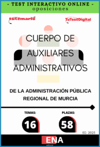 TEST INTERACTIVO, con preguntas (DE CUATRO OPCIONES DE RESPUESTA), sobre los 16 temas solicitados para el estudio de la fase de oposición, de la convocatoria publicada con Orden de 4 de noviembre de 2025 de la Consejería de Economía, Hacienda, Fondos Europeos y Transformación Digital, por la que se convocan pruebas selectivas de acceso libre para cubrir 58 plazas del Cuerpo de Auxiliares Administrativos de la Administración Pública Regional. (Código DGX00L24-9).