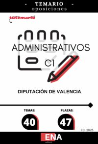 LIBRO TEMARIO, sobre los 40 temas solicitados para la cobertura de personal funcionario de carrera, mediante el sistema de turno libre y por el procedimiento de oposición libre de cuarenta y siete plazas de Administrativo/va, vacantes en la plantilla de esta Diputación, (sector no sanitario), 25 plazas correspondiente a la Oferta de Empleo Público 2023 (BOP núm. 247 del 27 de diciembre de 2023), 12 a la del 2024 (BOP núm. 183 del 20 de septiembre de 2024) y 10 correspondiente a la Oferta de Empleo Público 2025 (BOP núm. 211 del 04 de noviembre 2025), de las cuales 4 de la OPE de 2023 y 4 de la OPE de 2024, están reservadas a personal con discapacidad funcional, todas ellas encuadradas en la escala de Administración General, subescala Administrativa, subgrupo C1, dotadas con las retribuciones legalmente establecidas y correspondientes a su subgrupo de clasificación según lo establecido en el artículo 76 del Real Decreto Legislativo 5/2015, de 30 de octubre, por el que se aprueba el texto refundido de la Ley del Estatuto Básico del Empleado Público (TREBEP).
