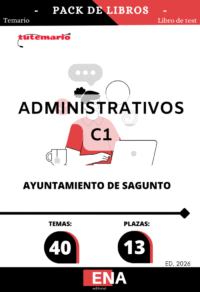 Pack de LIBRO TEMARIO y LIBRO DE TEST, con preguntas (DE CUATRO OPCIONES DE RESPUESTA), los 40 temas solicitados para el estudio del primer ejercicio de la fase de oposición, de las oposiciones convocadas por el Excelentísimo Ayuntamiento de Sagunto para cubrir en propiedad, mediante el sistema de concurso oposición, trece plazas de Administrativo de Administración General incluidas en la OEP de 2025, seis por turno libre y siete por promoción interna. Dichas plazas se encuadran en el Grupo C, subgrupo C1.